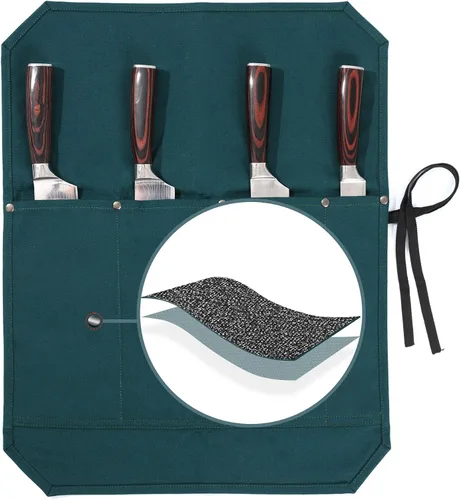 Vista 8 de Bolsa para cuchillos de chef, rollo para cuchillos con 4 ranuras, forro de tela especializado resistente a cortes, lona encerada resistente de 16