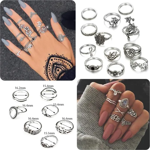 Vista 3 de FIBO STEEL Juego de 101 anillos vintage para nudillos para mujer, apilables, midi, Acero