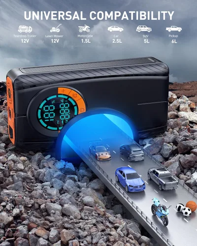 Vista 4 de Arrancador de batería HIPOM con compresor de aire, arrancador de batería de coche (8.0 Gas/7.0L Diesel), arrancador de batería portátil con inflador