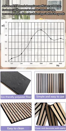 Vista 5 de Paneles acústicos de pared acústicos, paneles grandes insonorizados, panel de absorción de sonido acanalado 3D con acabado de madera, tratamiento
