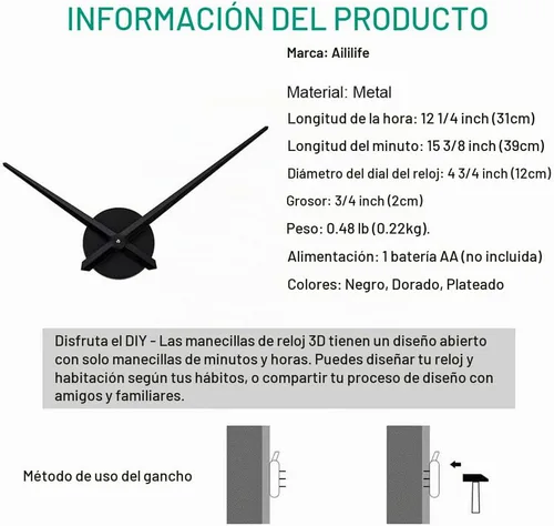 Vista 6 de AILILIFE Manecillas de reloj 3D, mecanismo de movimiento de reloj grande con manecilla de pala de 12 pulgadas de largo, relojes de pared 3D