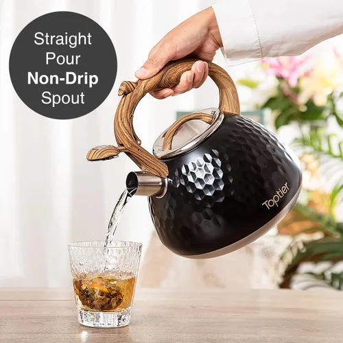 Vista 7 de Tetera, Tetera Silbadora Toptier con Mango de Patrón de Madera Silbato Fuerte, Tetera de Acero Inoxidable Grado Alimenticio para Estufas de Negro