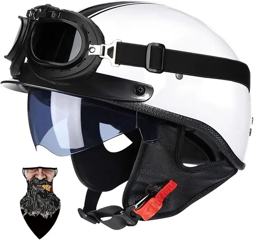 Vista 20 de Casco Moto Retro Vintage Jet Medio para Hombre y Mujer Adultos, DOT Homologado, Ventilación Dual, Visera Retráctil y Desmontable, Apto para Patinete