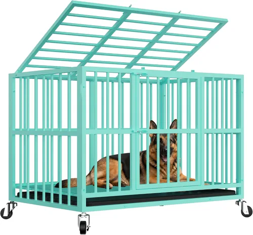Vista 10 de Jaula para perros de acero resistente de 42 pulgadas a prueba de escape, jaula de doble puerta interior para alta ansiedad, bandeja extraíble