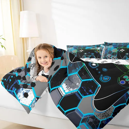 Vista 3 de Manfei Juego de edredón moderno de 2 piezas con estampado de consola de videojuegos de panal azul con 1 funda de almohada, juego de ropa de cama