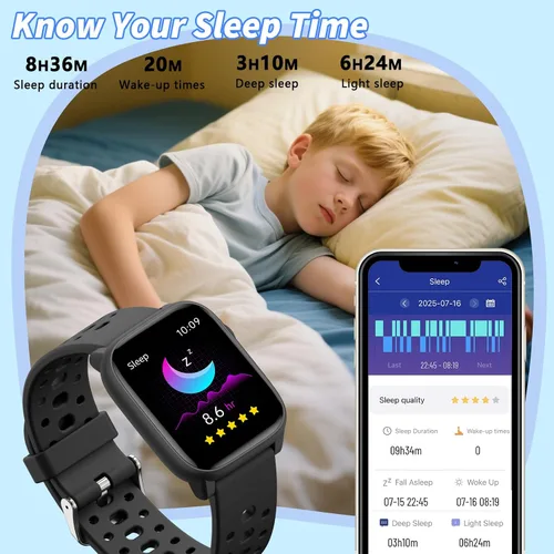 Vista 8 de Reloj inteligente para niños con juegos de rompecabezas, relojes para niños de 1.83", monitor de ritmo cardíaco, monitor de sueño, podómetro, reloj