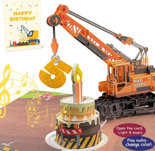 Vista 11 de Tarjeta de Felicitación 3D Desplegable de 1er Cumpleaños con Luz y Música, Tarjeta de Grúa y Camión Para Niño, Sobrino, Nieto, Hijo, Pequeño