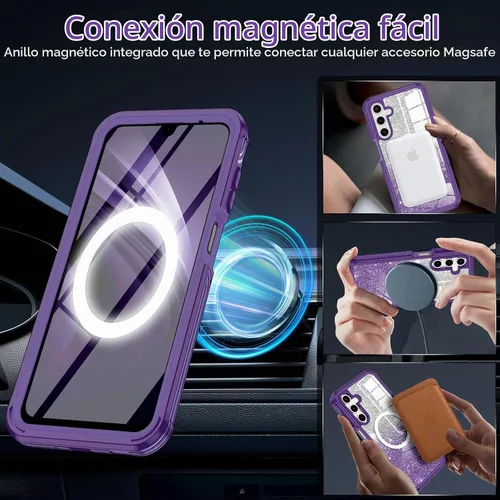 Vista 4 de Funda para Galaxy A16 5G, compatible con MagSafe, funda magnética con purpurina integrada con protector de pantalla de vidrio templado 9H, funda
