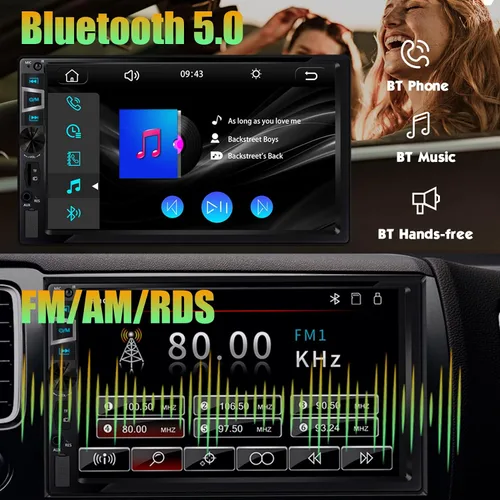 Vista 3 de Estéreo de auto doble DIN con CarPlay inalámbrico y Android Auto, radio de coche HD de 7 pulgadas con Bluetooth, entrada USB/SD/AUX, FM, SWC