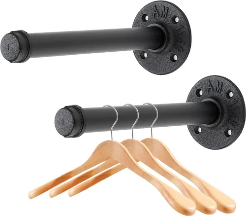 Vista 16 de Perchero flotante de tubo industrial negro de 6 pulgadas montado en la pared, estante de ropa resistente para colgar, barra de colgar multiuso