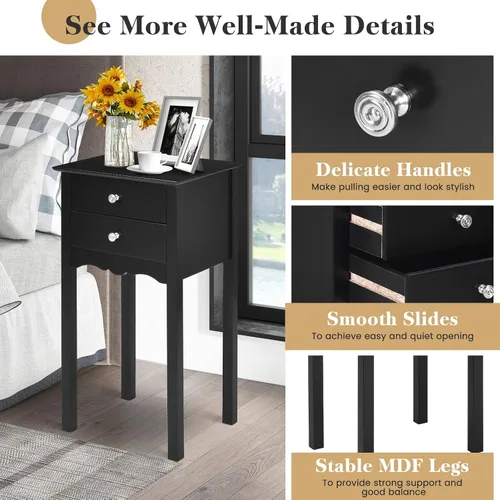 Vista 5 de Giantex Mesa auxiliar con 2 cajones, mesita de noche, mesa decorativa multiusos, sala de estar, dormitorio, muebles para el hogar (1, negro)