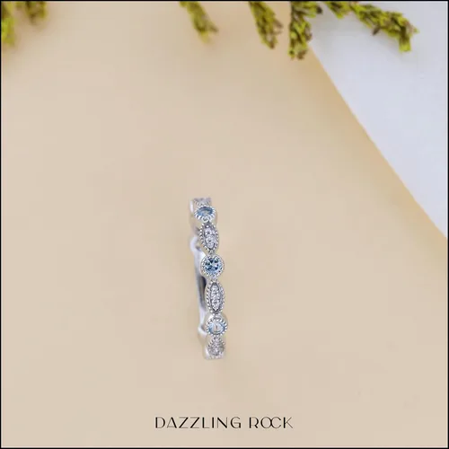 Vista 3 de Dazzlingrock Collection Alternating Round Gemstone with White Natural Diamond 7 Stone Stackable Wedding Band Ring for Women in 14K White Real Solid