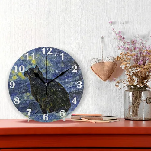 Vista 2 de Pfrewn Lunar Star Cat Van Gogh Reloj de pared silencioso sin tiquear Animal Galaxy Relojes a pilas Reloj de escritorio vintage de 10 pulgadas