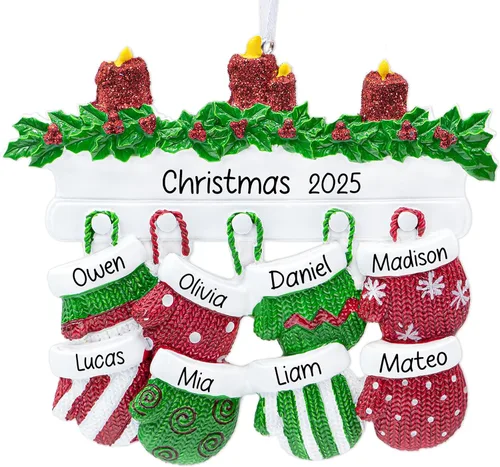 Vista 10 de Adorno de Navidad personalizado para familia de 6 miembros 2026 Manoplas con velas con purpurina en la decoración del árbol de Navidad del manto