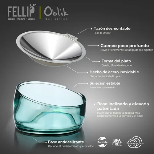 Vista 2 de Felli Oblik Cuencos Elevados para Comida de Gatos de Acero Inoxidable 304, Plato Plano Desmontable para Fatiga de Bigotes y Fácil Limpieza en Clásico