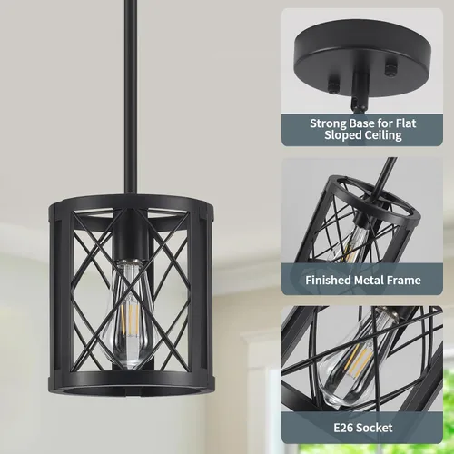 Vista 3 de Lámpara Colgante de Granja para Isla de Cocina - Linterna de Metal Industrial Negra Iluminación Colgante Individual Luminaria Colgante con Varillas