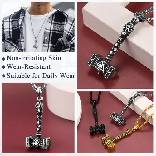 Vista 4 de FaithHeart Viking Thor's Hammer Talismán Collar para hombre, colgante de amuleto nórdico vintage de Mjolnir con cadena de trigo resistente, joyería