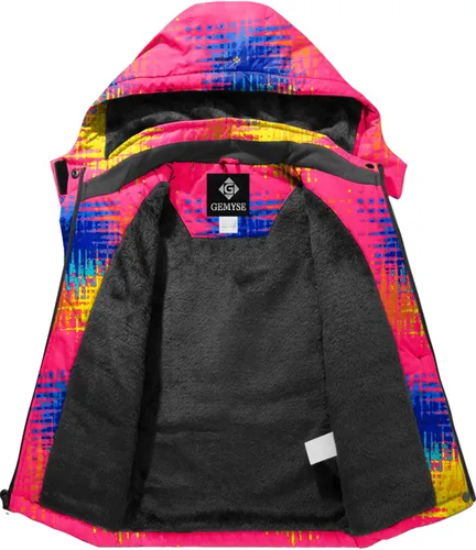 Vista 3 de GEMYSE Chaqueta de esquí impermeable para niña, chaqueta de invierno a prueba de viento con capucha