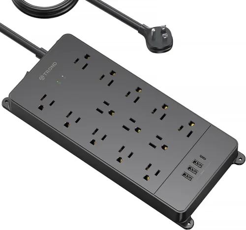 Vista 18 de TROND - Alargador de corriente con enchufe plano giratorio 360°, protector contra sobretensiones, 13 tomas amplias con 3 puertos USB C, 4000 J