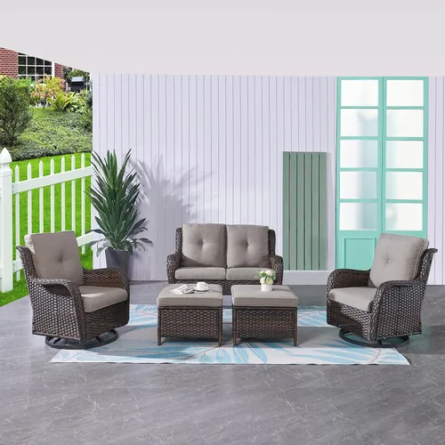 Vista 28 de HUMMUH Juego de 2 Sillas Giratorias Mecedoras de Mimbre para Patio Exterior, Juego de Muebles de Sillas Mecedoras de Ratán (Marrón, Azul) 50,000