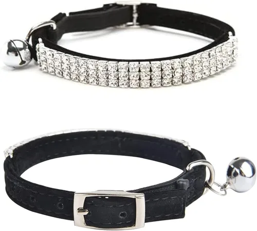 Vista 3 de Collar ajustable seguro para gatos CHUKCHI de terciopelo suave Adorno ostentoso de diamante con campanas de 11 pulgadas para perros pequeños y Negro