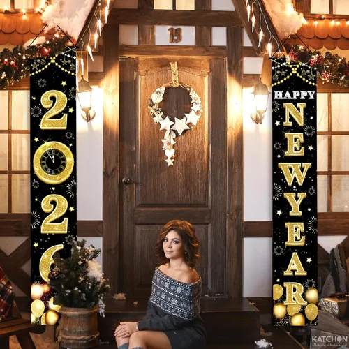 Vista 5 de KatchOn XtraLarge Pancarta de Feliz Año Nuevo 2026 – 72 x 12 pulgadas Pancarta de puerta de Feliz Año Nuevo negra y dorada para decoraciones