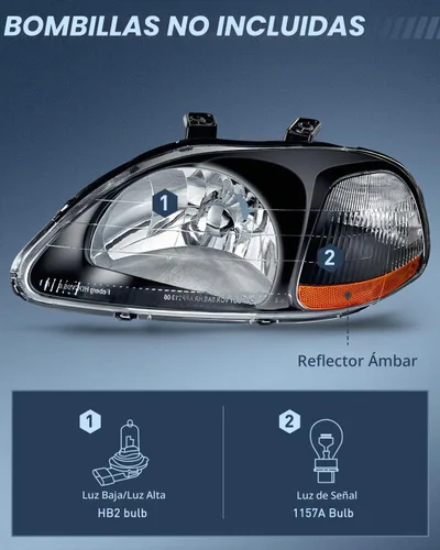 Vista 2 de Nilight - Conjunto de faros delanteros compatibles con Honda Civic 1996 1997 1998. Reemplazo de faros delanteros, carcasa negra, reflector ámbar
