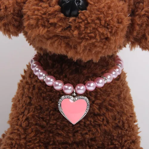 Vista 2 de Collar de perlas de perro y gato con diamantes de imitación, dije de corazón con dije de corazón para mascotas y cachorros (S, rosa)