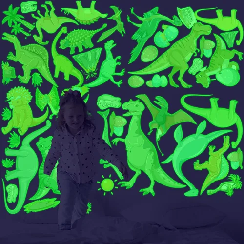 Vista 8 de Calcomanías con estampado de patas que brillan en la oscuridad, 128 calcomanías de pared luminosas y coloridas para dormitorio de niños, guardería