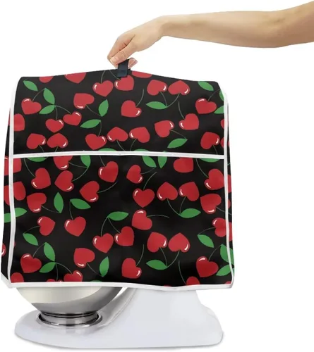 Vista 2 de Cubierta negra para mezcladora de cocina de 4.5 a 5 cuartos de galón con patrón de cerezas, corazón rojo, piezas de repuesto de tamaño pequeño