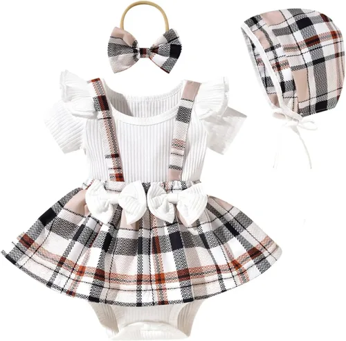 Vista 12 de Unutiylo Conjunto de ropa para bebé recién nacida prematuro con tirantes y mangas cortas con volantes Albaricoque