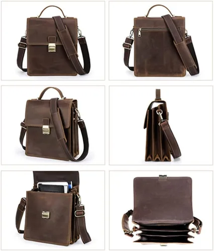 Vista 9 de Contacts Bolso bandolera pequeño de cuero de grano completo para hombres con candado, maletín de viaje, bandolera, Cerradura marrón