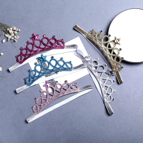 Vista 7 de DonLeeving Paquete de 6 diademas de tiara con purpurina para niñas, bandas elásticas para el pelo de princesa para niños pequeños