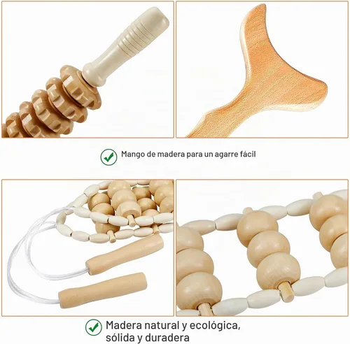 Vista 5 de Herramientas de masaje de terapia de madera, kit de maderoterapia, rodillo de masaje de madera, herramientas de cuerda de masaje para esculpir