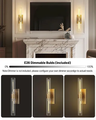 Vista 5 de Apliques de pared modernos de latón y vidrio, luces de tocador de 24 pulgadas para baño, 2 luces, aplique de pared lineal horizontal o vertical