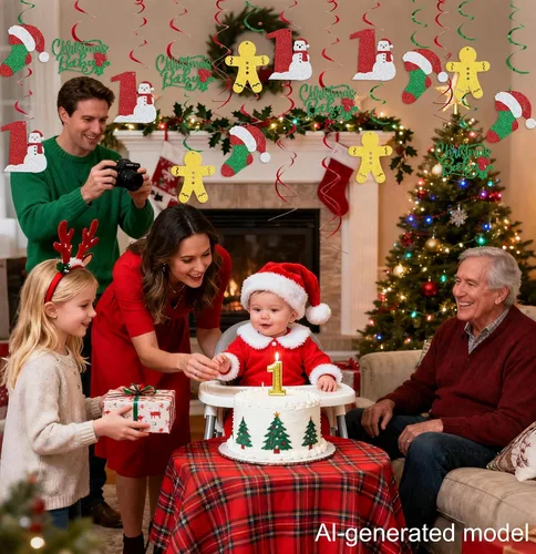 Vista 6 de 16 piezas de decoración de techo de cumpleaños de Navidad – 1er cumpleaños de Navidad – Remolinos colgantes de Navidad
