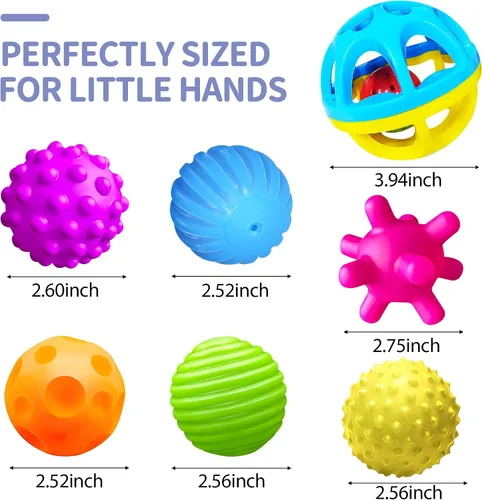 Vista 7 de Pelotas sensoriales, juguetes Montessori con sonajero de bebé de 3 a 6 meses 6 Multiple Textured Stress Balls with Blue Rattle, Bright