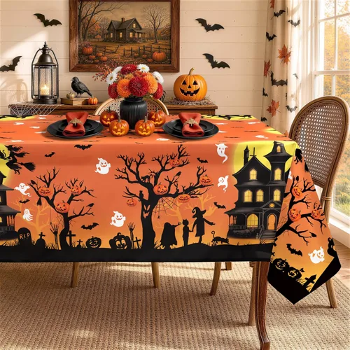 Vista 14 de Mantel rectangular de Halloween, color negro, 60 x 84 pulgadas Halloween 01