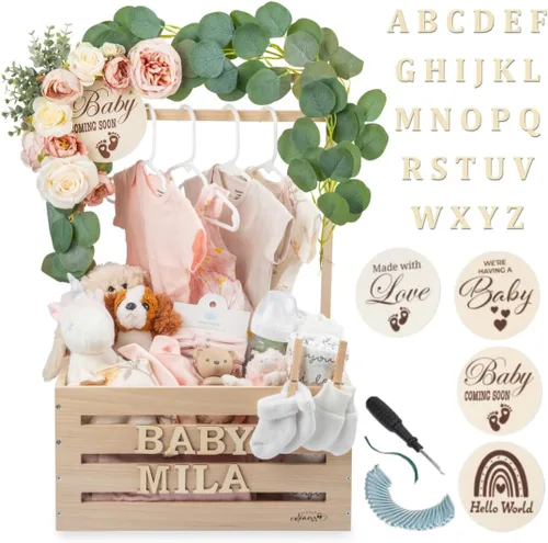 Vista 8 de Armario de madera para baby shower, cesta personalizada para baby shower, quemado con parte delantera de acrílico transparente