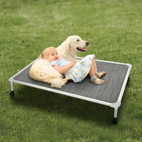 Vista 54 de Veehoo Cama elevada para perros a prueba de mordidas - Cuna elevada refrescante para mascotas - Marco de aluminio plateado y tela de malla