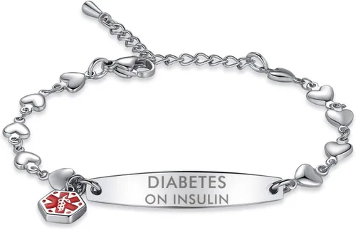 Vista 48 de mnmoom Pulseras de alerta médica para mujeres 6.5-8 pulgadas ajustables corazón links pulseras médicas con grabado