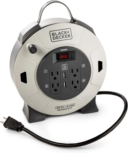 Vista 8 de BLACK+DECKER Carrete de Cable de Extensión Retráctil de 20 Pies con 4 Tomas, Extensión Multi-Enchufe, Botón de Reinicio del Disyuntor Térmico