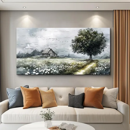 Vista 10 de ERQINHUA Arte de pared para sala de estar, lienzo decorativo de pared para dormitorio, oficina, decoración con árbol azul, paisaje junto al lago