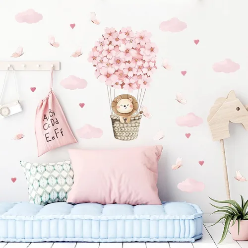 Vista 4 de Calcomanías de pared de globo aerostático con diseño de cachorro de león, diseño de mariposa rosa, nube, corazón, bricolaje, calcomanías de pared