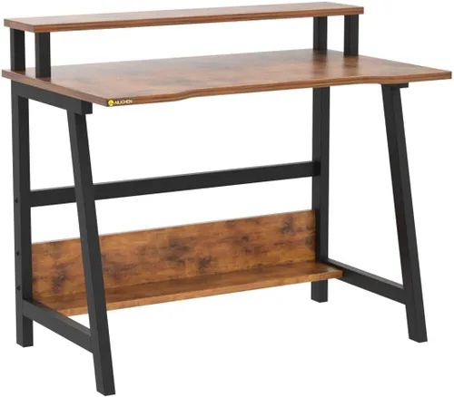Vista 5 de Escritorio pequeño moderno de 31.5 pulgadas, escritorio compacto para computadora para oficina en casa y estudio, ahorro de espacio con estantes