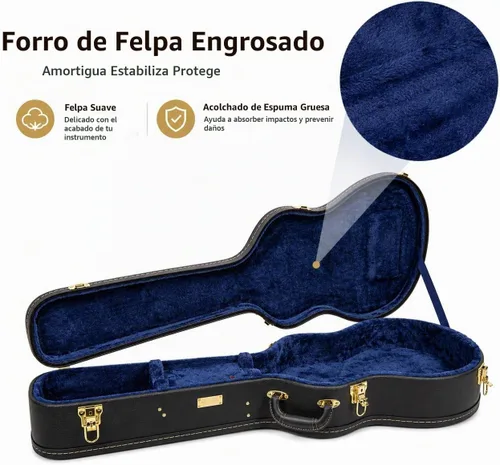 Vista 5 de Crossrock Estuche de madera para guitarra clásica de tamaño completo 4/4, diseño superior arqueado, interior de felpa, pestillos de metal Negro