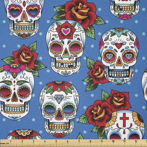 Vista 18 de Ambesonne The Yard, tela de calavera colorida con temática de Halloween, diseño de calavera y huesos cruzados, divertido estampado de dibujos