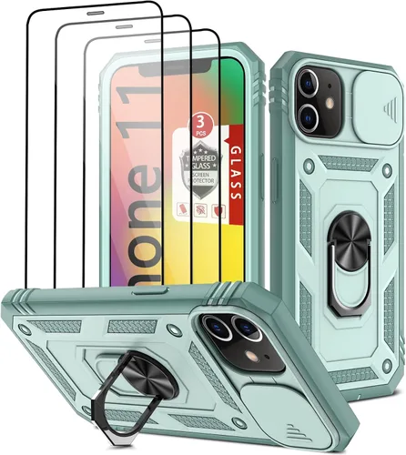 Vista 12 de Funda para iPhone 11, funda para iPhone 11 con 3 protectores de pantalla de vidrio templado, soporte de anillo integrado + cubierta de cámara