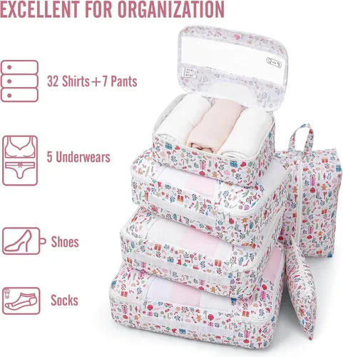 Vista 5 de Veken Juego de 8 cubos de embalaje para niños de viaje, accesorios esenciales de vacaciones en la playa para cruceros, bolsas organizadoras