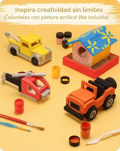Vista 3 de SainSmart Jr. Kit de construcción de carpintería, juego de proyectos STEM 4 en 1 para niños, juguetes de montaje de manualidades de madera